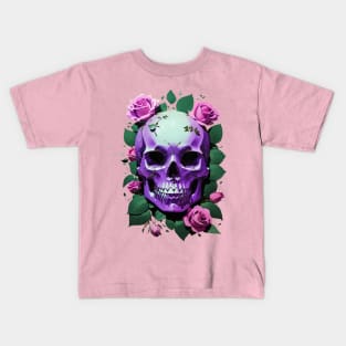 Aesthetic Delight: Halloween Green and Violet Skull Artwork with Urban Rose Accents Kids T-Shirt